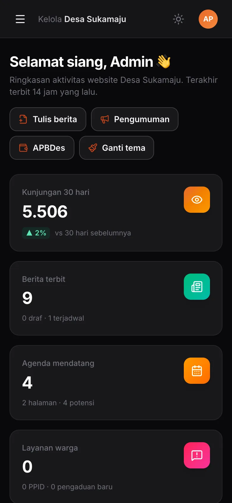 Dasbor admin Simping di ponsel