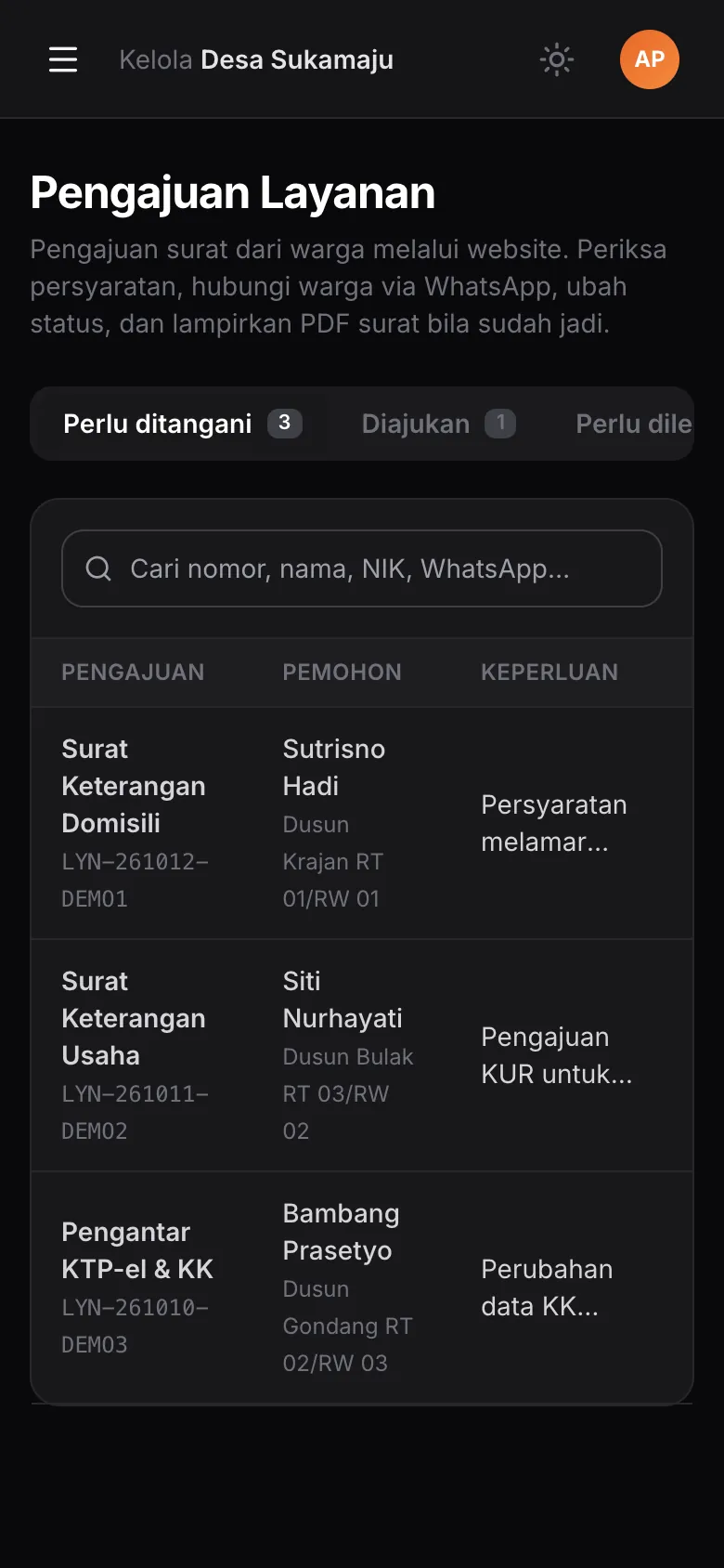 Daftar pengajuan surat warga di panel admin